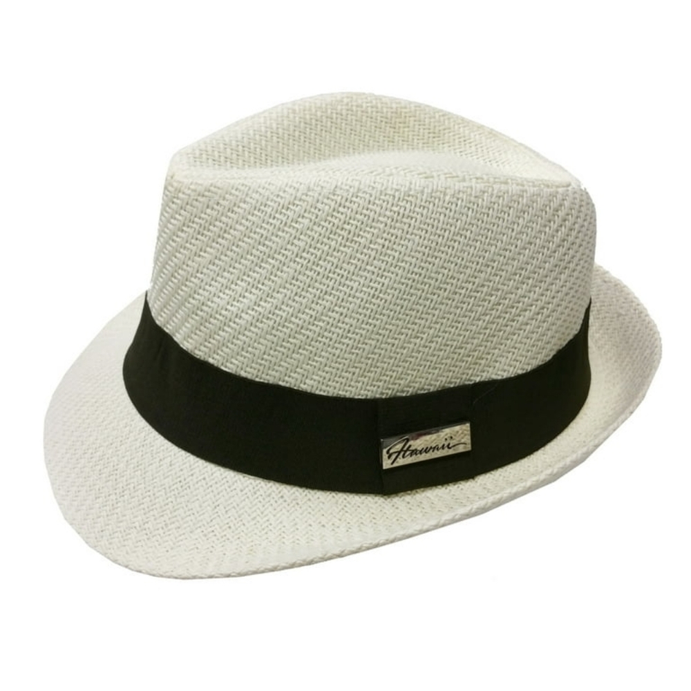 Surfware Hawaiian Classics Fedora Straw Hat White Black Band Golf‎ Beach Coastal